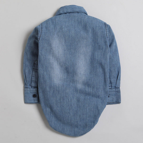 Polka Tots Full Sleeve Denim Shirt Romper- My Crew My Buddies with pocket- Blue Denim