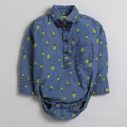Polka Tots Full Sleeve Denim Shirt Romper- Guava with bow tie - Blue Denim
