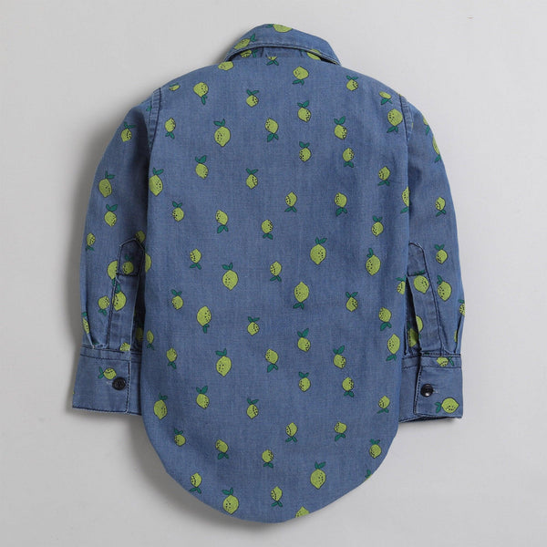 Polka Tots Full Sleeve Denim Shirt Romper- Guava with bow tie - Blue Denim
