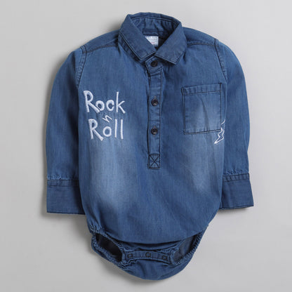 Polka Tots Full Sleeve Denim Shirt Romper - Rock n Roll Embroidery with pocket - Blue Denim