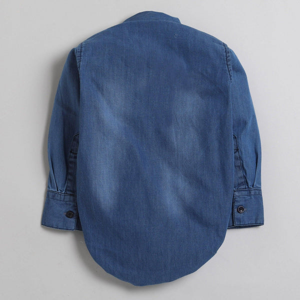 Polka Tots Full Sleeve Denim Shirt Romper - Rock n Roll Embroidery with pocket - Blue Denim