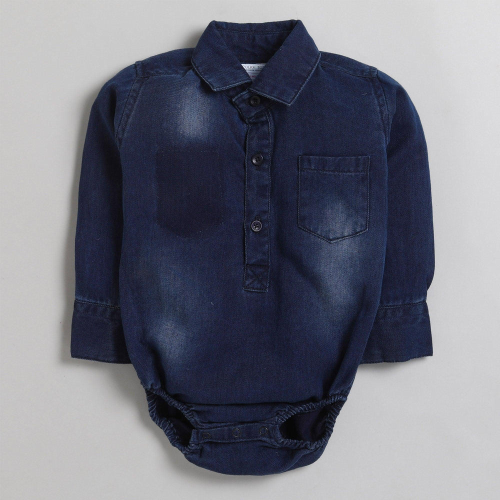 Polka Tots Full Sleeve Denim Shirt Romper- Explore Travel with pocket - Dark Blue Denim