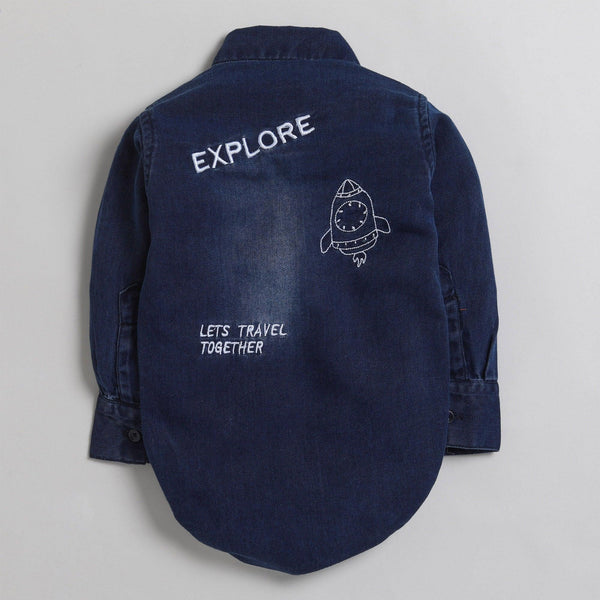 Polka Tots Full Sleeve Denim Shirt Romper- Explore Travel with pocket - Dark Blue Denim