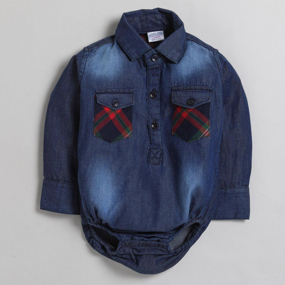 Polka Tots Full Sleeve Denim Shirt Romper- Dual Red Checks Pocket - Blue Denim