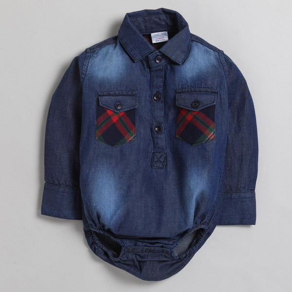 Polka Tots Full Sleeve Denim Shirt Romper- Dual Red Checks Pocket - Blue Denim