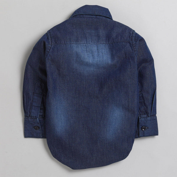 Polka Tots Full Sleeve Denim Shirt Romper- Dual Red Checks Pocket - Blue Denim