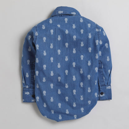 Polka Tots Full Sleeve Denim Shirt Romper- Pineapple with bow tie - Blue Denim