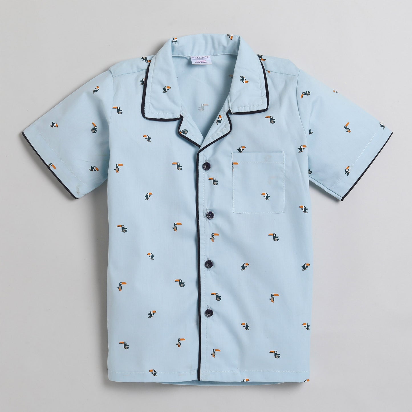 Polka Tots Half Sleeve Night Suit Pair 100% Cotton Crane Bird Print - Blue