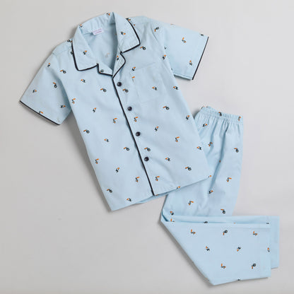 Polka Tots Half Sleeve Night Suit Pair 100% Cotton Crane Bird Print - Blue
