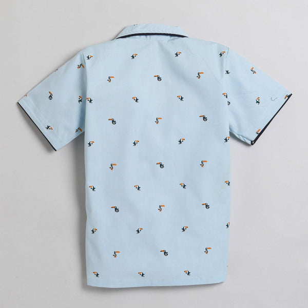 Polka Tots Half Sleeve Night Suit Pair 100% Cotton Crane Bird Print - Blue