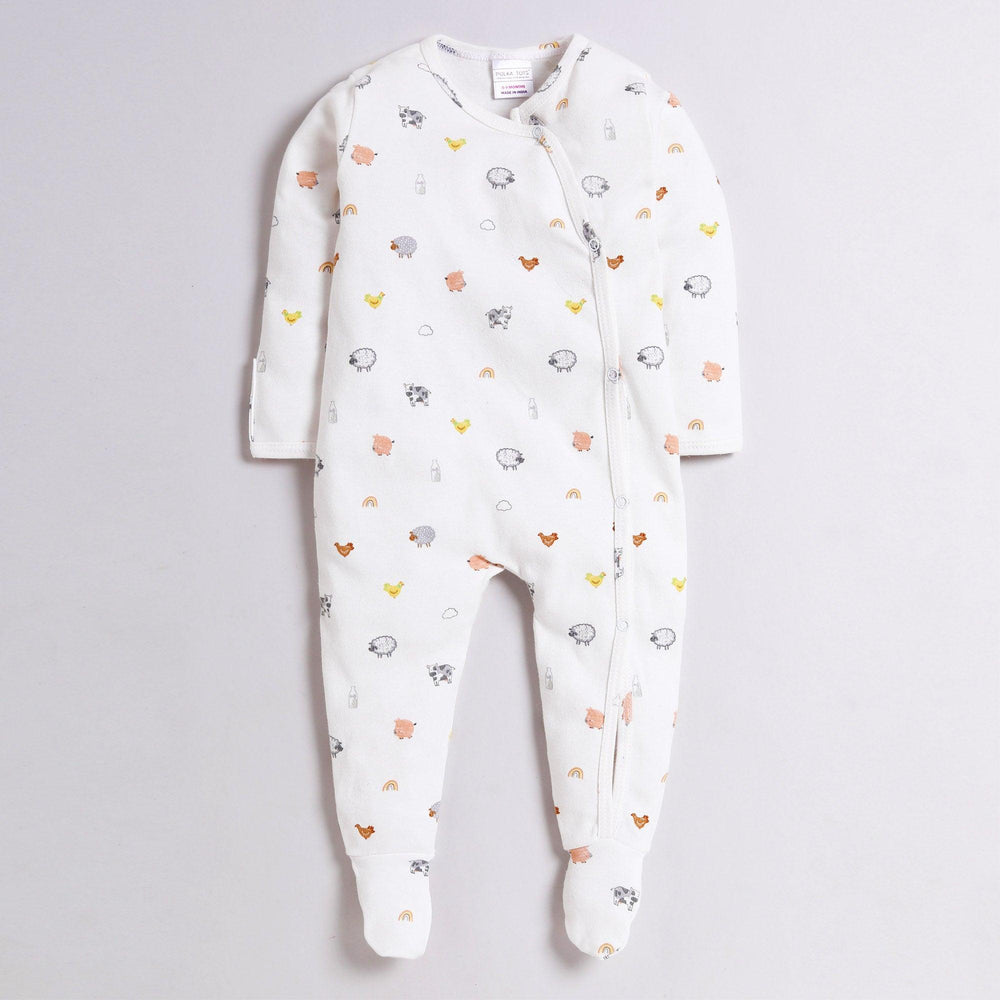Polka Tots Full Sleeve Footed Romper with Folded Mittens  100% Super Soft Cotton Mix Print White