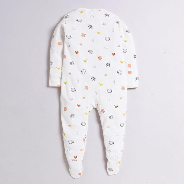 Polka Tots Full Sleeve Footed Romper with Folded Mittens  100% Super Soft Cotton Mix Print White