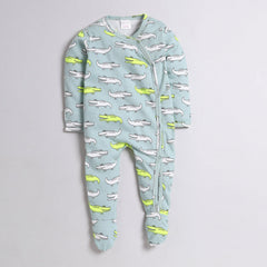 Polka Tots Full Sleeve Footed Romper with Folded Mittens  100% Super Soft Cotton Crocodile Green