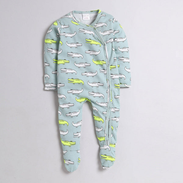 Polka Tots Full Sleeve Footed Romper with Folded Mittens  100% Super Soft Cotton Crocodile Green