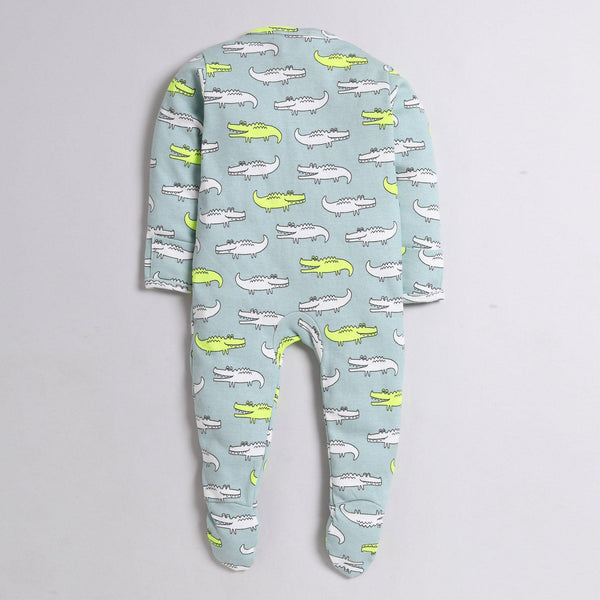 Polka Tots Full Sleeve Footed Romper with Folded Mittens  100% Super Soft Cotton Crocodile Green