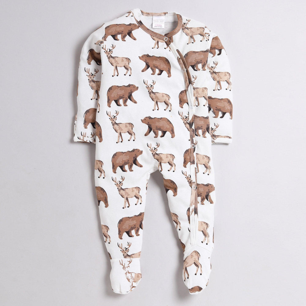 Polka Tots Full Sleeve Footed Romper with Folded Mittens  100% Super Soft Cotton Animals White