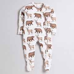 Polka Tots Full Sleeve Footed Romper with Folded Mittens  100% Super Soft Cotton Animals White
