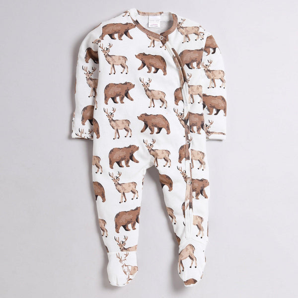 Polka Tots Full Sleeve Footed Romper with Folded Mittens  100% Super Soft Cotton Animals White