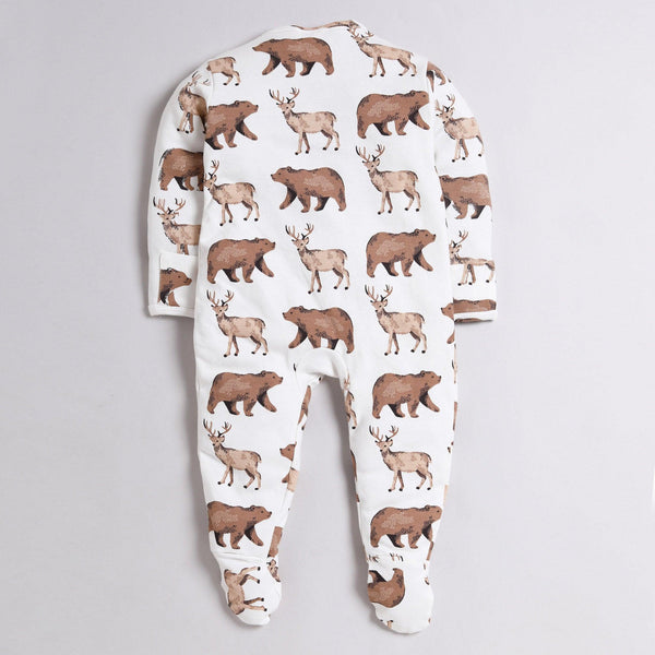 Polka Tots Full Sleeve Footed Romper with Folded Mittens  100% Super Soft Cotton Animals White