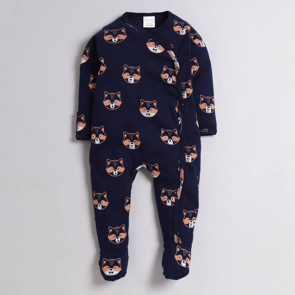 Polka Tots Full Sleeve Footed Romper with Folded Mittens  100% Super Soft Cotton Fox Navy Blue