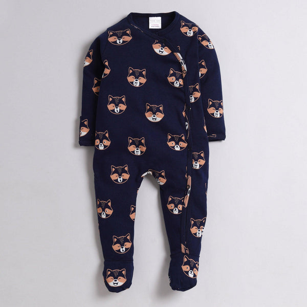 Polka Tots Full Sleeve Footed Romper with Folded Mittens  100% Super Soft Cotton Fox Navy Blue