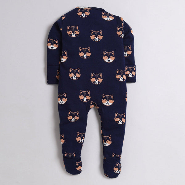 Polka Tots Full Sleeve Footed Romper with Folded Mittens  100% Super Soft Cotton Fox Navy Blue
