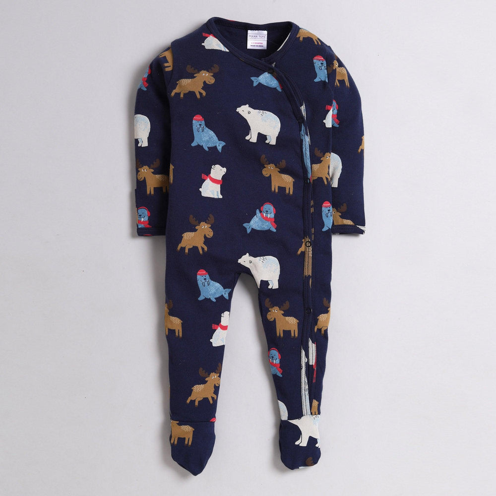 Polka Tots Full Sleeve Footed Romper with Folded Mittens  100% Super Soft Cotton Winter Animals Navy Blue