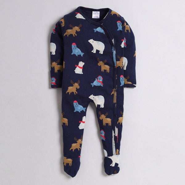 Polka Tots Full Sleeve Footed Romper with Folded Mittens  100% Super Soft Cotton Winter Animals Navy Blue