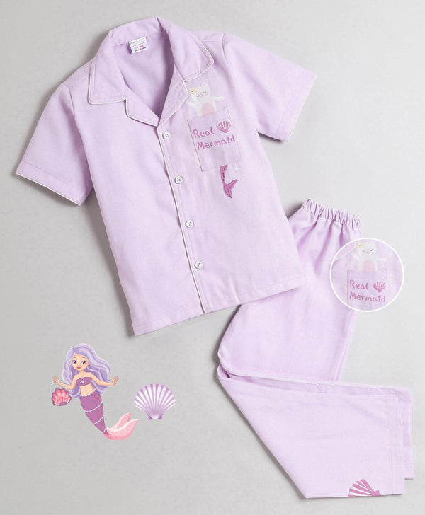 Polka Tots Half Sleeve Night Suit Pair Cotton Real Mermaid - Purple