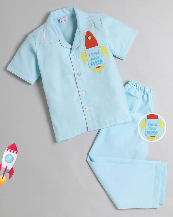 Polka Tots Half Sleeve Night Suit Pair Cotton  Rocket Need More Sleep- Blue