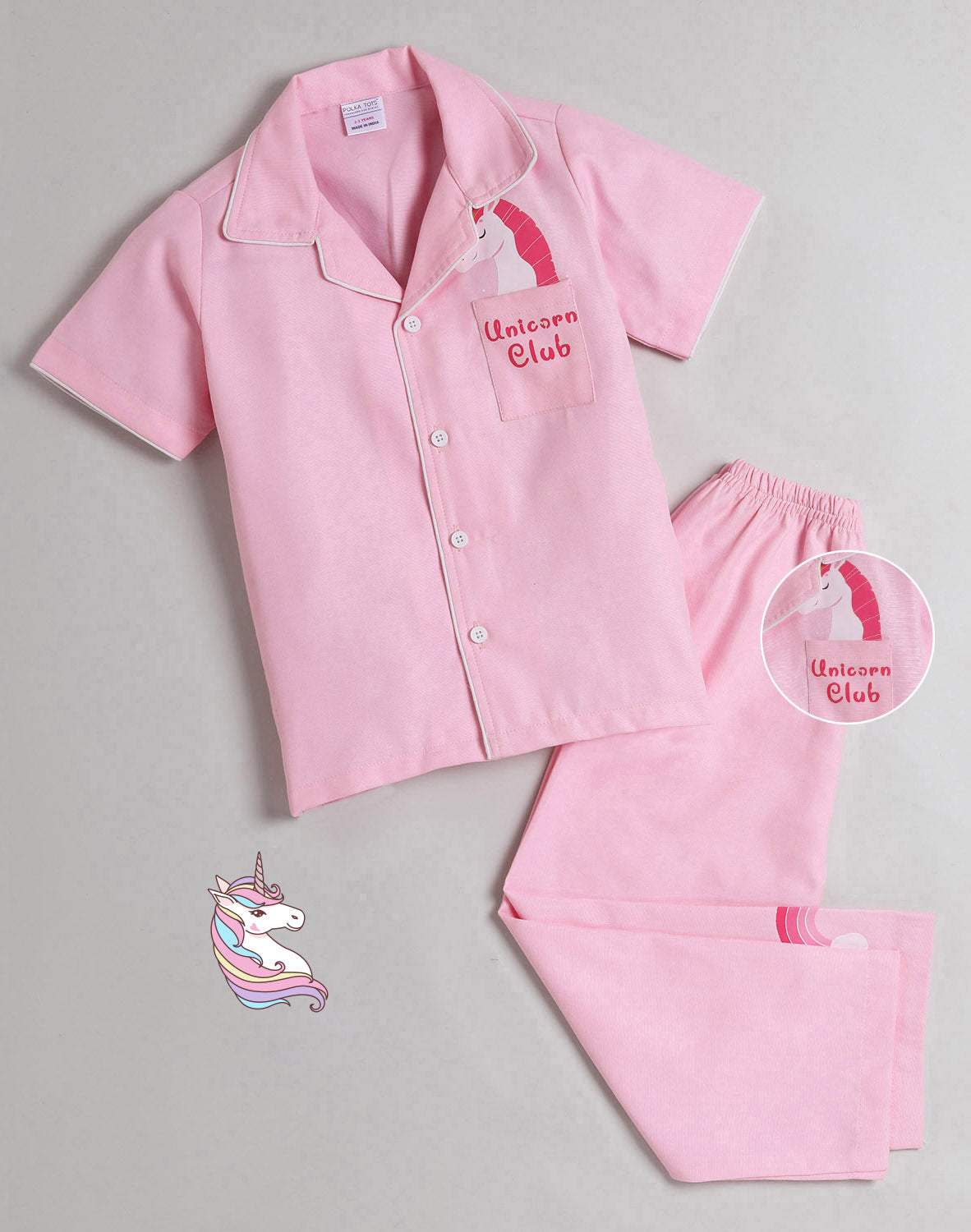 Polka Tots Half Sleeve Night Suit Pair Cotton Unicorn - Pink