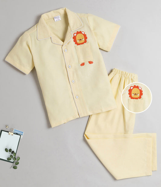 Polka Tots Half Sleeve Night Suit Pair Cotton Lion - Yellow