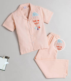 Polka Tots Half Sleeve Night Suit Pair Cotton Cloudy Time To Sleep - Orange
