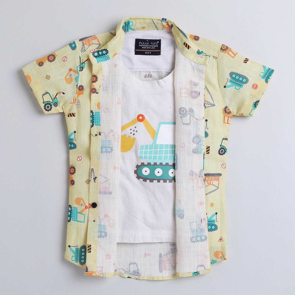Polka Tots Full Half Sleeve Shirt With Inside Tshirt JCB Print - Yellow
