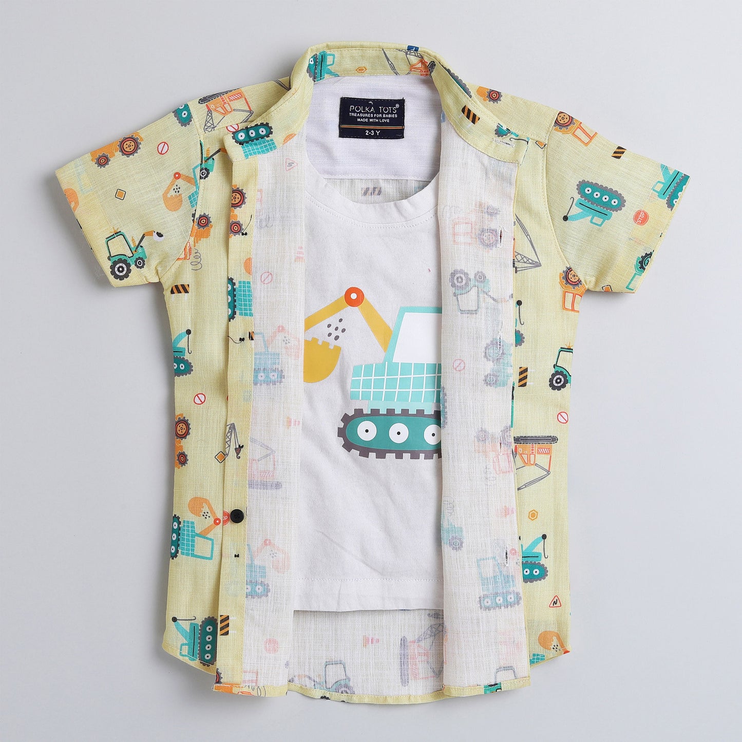 Polka Tots Full Half Sleeve Shirt With Inside Tshirt JCB Print - Yellow