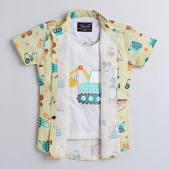 Polka Tots Full Half Sleeve Shirt With Inside Tshirt JCB Print - Yellow