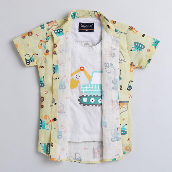 Polka Tots Full Half Sleeve Shirt With Inside Tshirt JCB Print - Yellow