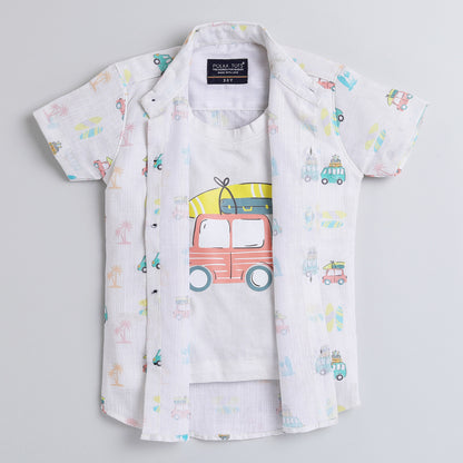 Polka Tots Full Half Sleeve Shirt With Inside Tshirt Beach Car Print - White