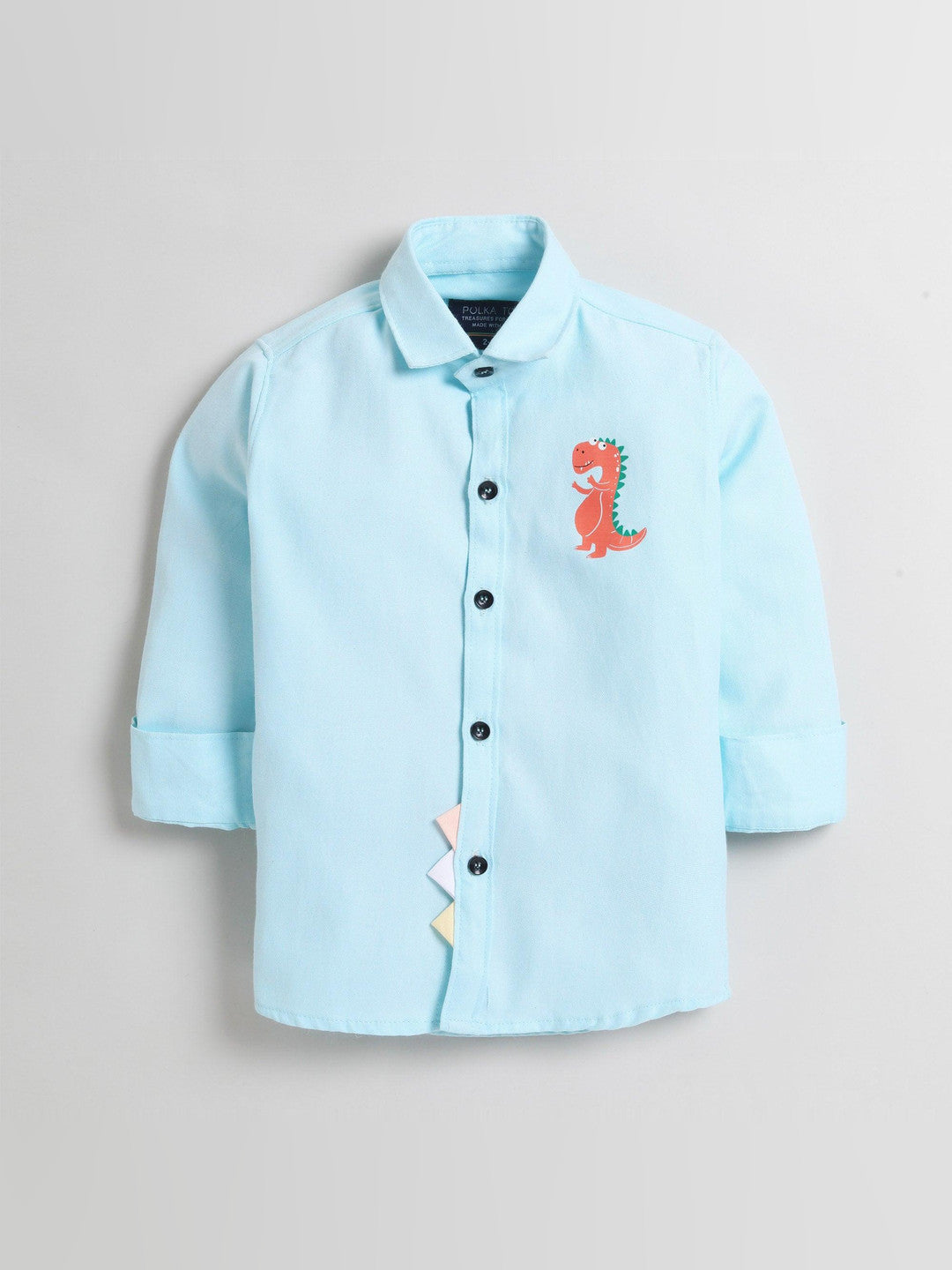 Polka Tots Full Sleeve Shirt with Dinosaur and Applique Detail Sky Blue