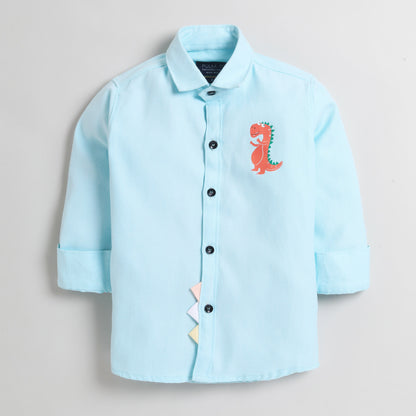 Polka Tots Full Sleeve Shirt with Dinosaur and Applique Detail Sky Blue