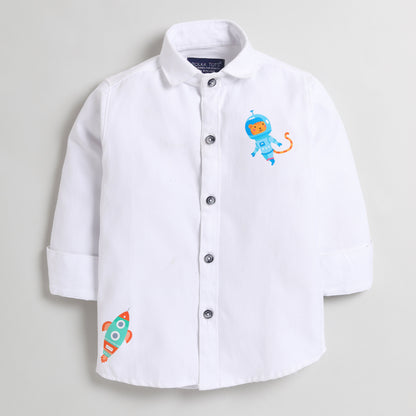 Polka Tots Full Sleeve Shirt with Space Theme White