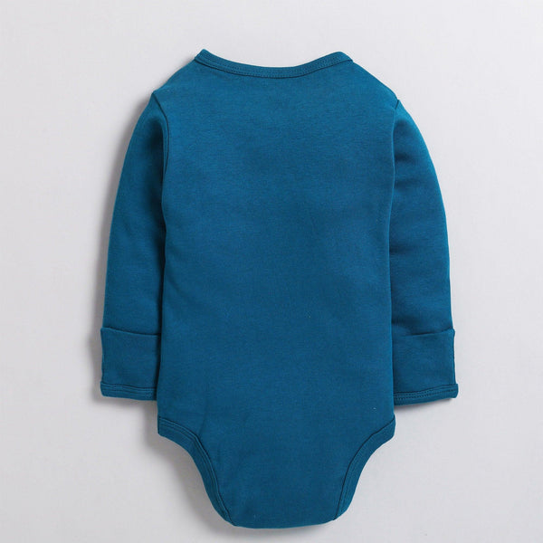 Polka Tots Full Sleeve Romper with Folded Mittens 100% Super Soft Cotton with Applique Animals Blue