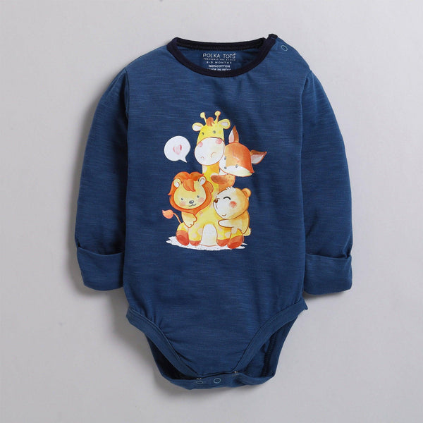 Polka Tots Full Sleeve Romper with Folded Mittens 100% Super Soft Cotton Animals Navy Blue