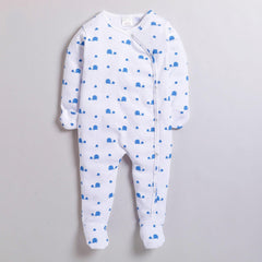 Polka Tots Full Sleeve Footed Romper with Folded Mittens  100% Super Soft Cotton Baby Elephants White