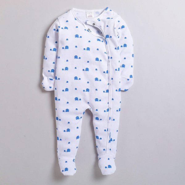 Polka Tots Full Sleeve Footed Romper with Folded Mittens  100% Super Soft Cotton Baby Elephants White