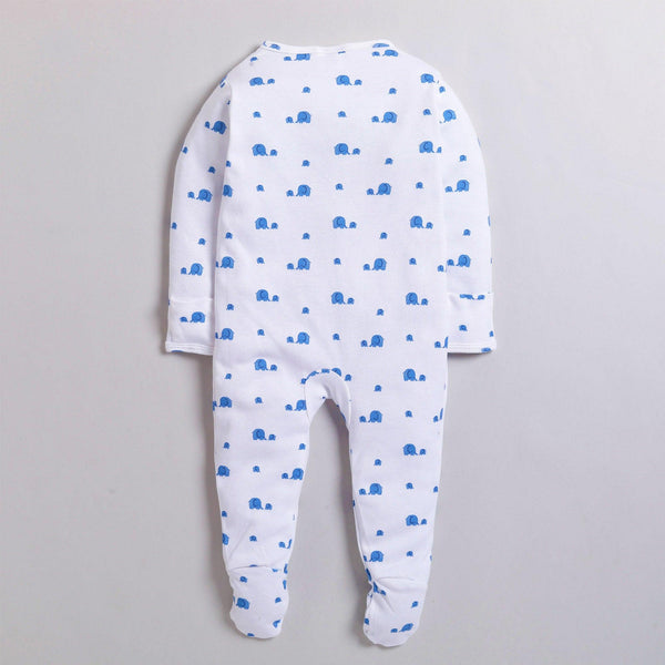 Polka Tots Full Sleeve Footed Romper with Folded Mittens  100% Super Soft Cotton Baby Elephants White