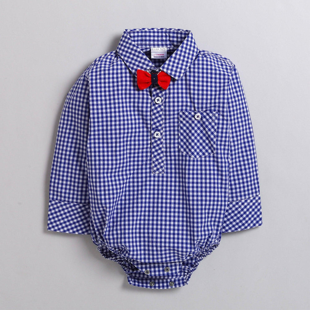 Polka Tots Partywear Full Sleeve Checked Shirt Romper with Velvet Bow Tie 100% Cotton Blue