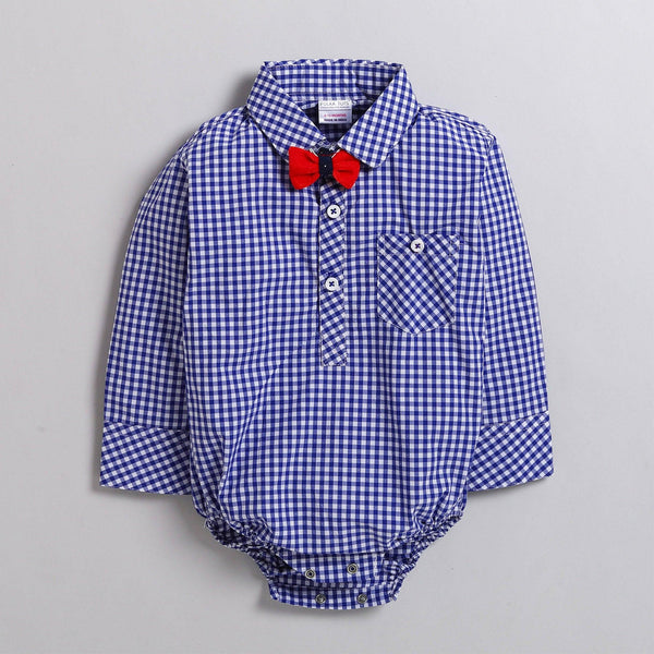 Polka Tots Partywear Full Sleeve Checked Shirt Romper with Velvet Bow Tie 100% Cotton Blue