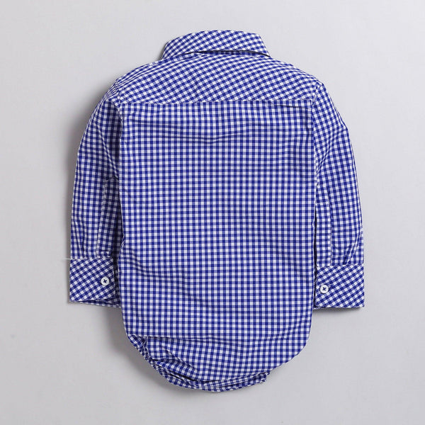 Polka Tots Partywear Full Sleeve Checked Shirt Romper with Velvet Bow Tie 100% Cotton Blue