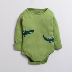 Polka Tots Full Sleeve Romper with Folded Mittens 100% Super Soft Cotton Crocodile Green